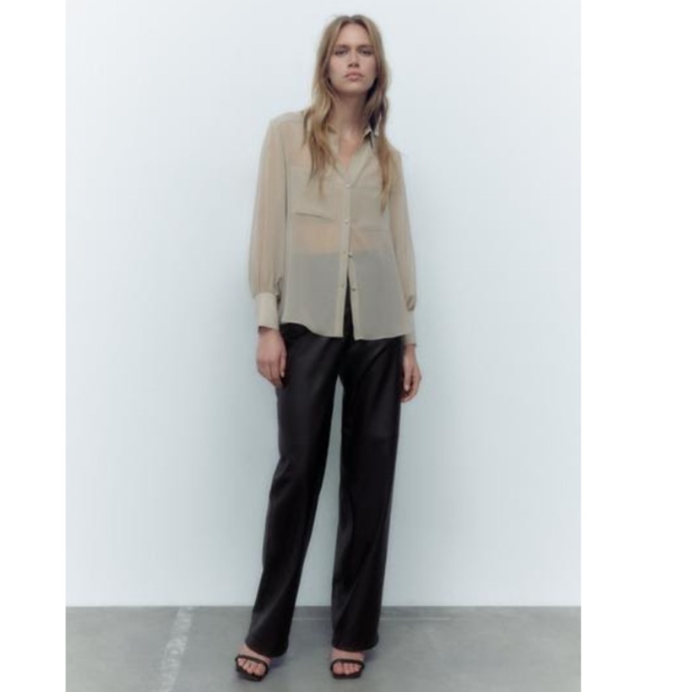 ZARA Patch Pocket Sheer shirt Dark Beige size L